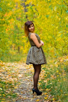 girl in dress and heels posing in autumn in the woods