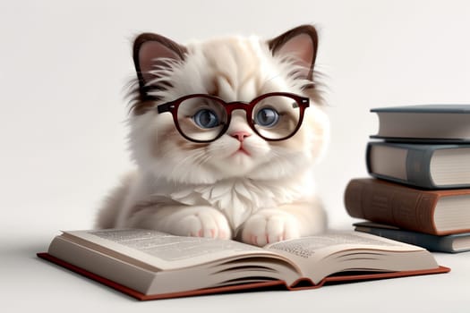cute smart kitten wearing glasses reading a book, isolated on a white background .