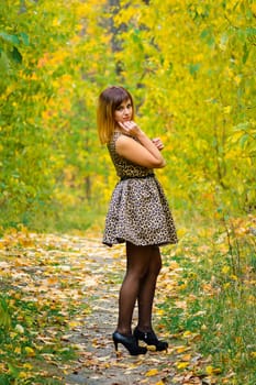 girl in dress and heels posing in autumn in the woods