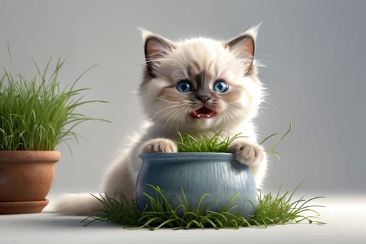 cute Ragdoll kitten eating green juicy grass from a pot, isolated on a white background .