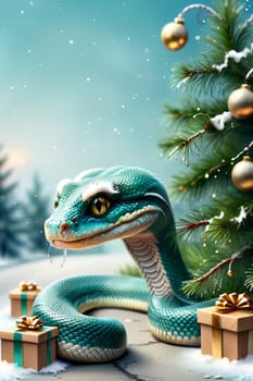 New Year snake with gifts under the Christmas tree, New Year card .