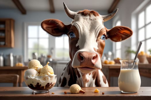 cute cow looking at milk ice cream in a glass .