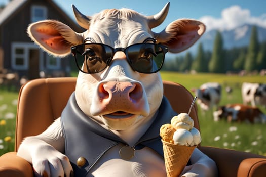 Cute cow in sunglasses eating milk ice cream, farm, countryside .