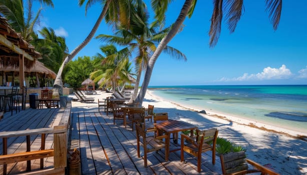 A beach with a wooden deck and tables with chairs by AI generated image.