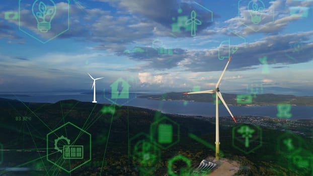Alternative Energy. Wind farm. Aerial view of horizontal-axis wind turbines generating electricity Wind energy. Clean renewable energy technologies. Wind power plants. Animated visualization concept. High quality photo.