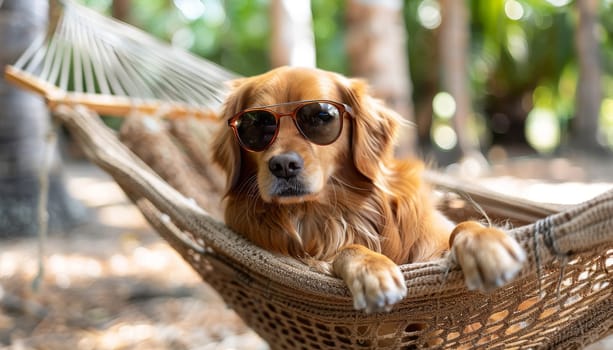 A dog is laying in a hammock with sunglasses on its face by AI generated image.