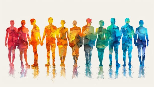 A group of people holding hands in a rainbow line by AI generated image.