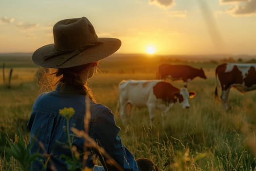 In the evening, a female farmer feeds cows in the field