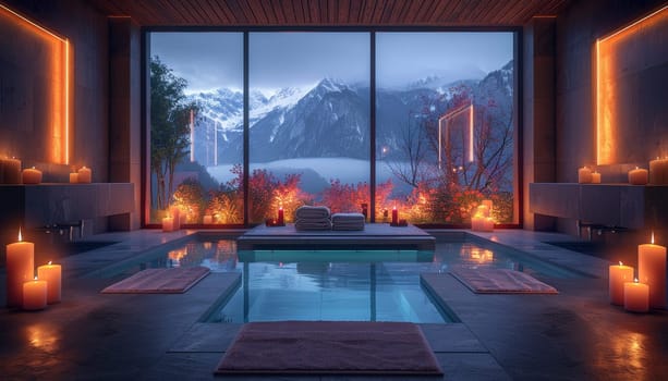 A spa with a large window overlooking a mountain range by AI generated image.