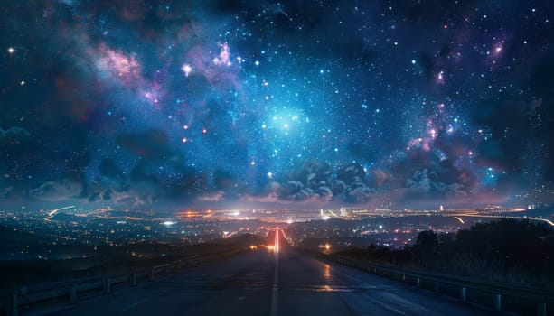 A city skyline is lit up at night, with a road in the foreground by AI generated image.