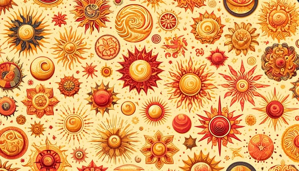Horizontal pattern depicting suns with various designs on a light background.