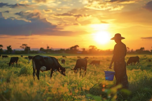 In the evening, a female farmer feeds cows in the field