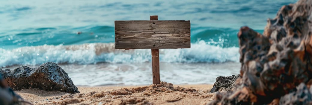 A wooden sign is on the beach next to the ocean by AI generated image.