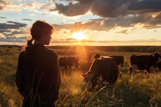 In the evening, a female farmer feeds cows in the field