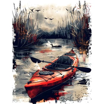 An art piece depicting a vibrant red kayak on a serene body of water, showcasing the beauty of watercraft and the artistic use of tints and shades