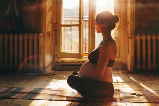 A radiant pregnant woman practices yoga poses in a sunlit studio