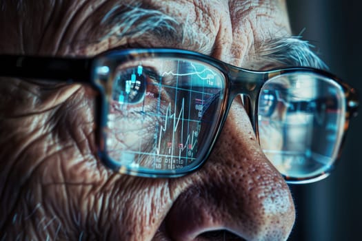 Senior man face, with a reflection of graphs and numbers in their glasses, symbolizing inventory management