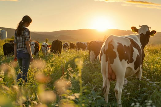 In the evening, a female farmer feeds cows in the field