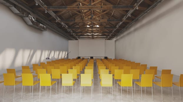 Rows of symmetrical yellow chairs are neatly arranged in a rectangular hall inside a building. 3d render