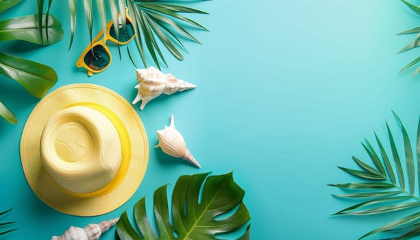 A beach scene with a yellow hat, sunglasses, and shells on a blue background by AI generated image.