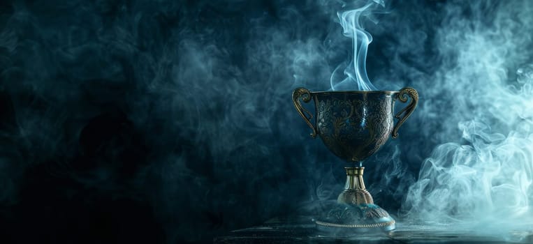 A gold cup with smoke coming out of it by AI generated image.
