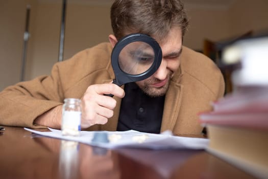 a detective searches for clues with a magnifying glass in the room.