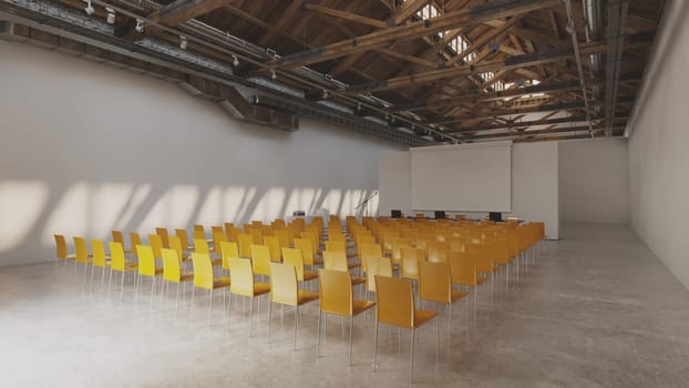 Rows of symmetrical yellow chairs are neatly arranged in a rectangular hall inside a building. 3d render