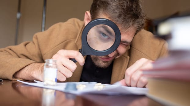 A detective examining evidence with a magnifying glass.