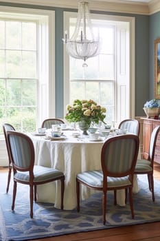 Dining room decor, interior design and house improvement, elegant table with chairs, furniture and classic blue home decor, country cottage style idea