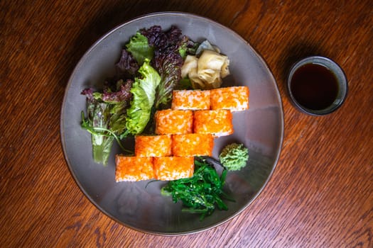 Sushi set with caviar, Asian cuisine. View from above.