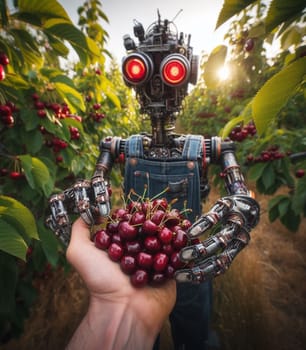 robot working in the farm vegetable garden to grow produce for human consumption ai generated