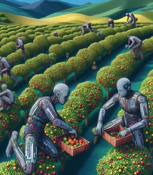 robot working in the farm vegetable garden to grow produce for human consumption ai generated