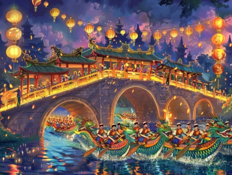 A captivating scene depicting dragon boat races under a lantern-lit bridge during a festive night, symbolizing cultural celebrations in Asian traditions