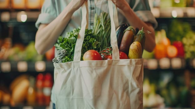 A close-up of hands holding a reusable shopping bag with fresh vegetables in it.