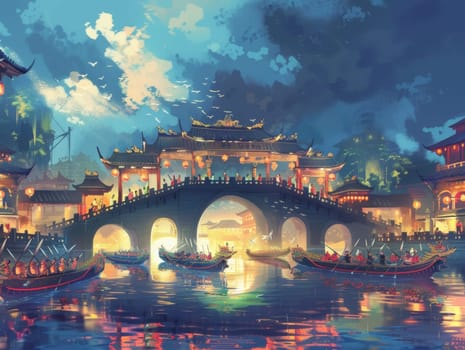 Digital art capturing a peaceful dusk scene with traditional dragon boats gently floating under an ornate bridge adorned with lanterns, in a calm Asian-inspired setting