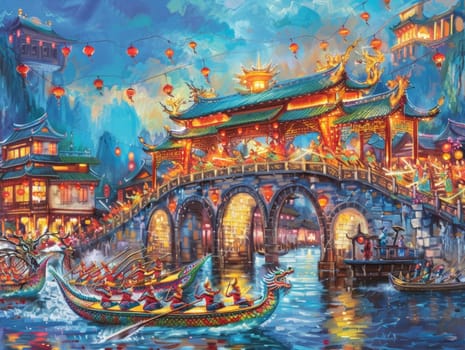 An enchanting evening view of a traditional bridge with vibrant red lanterns and dragon boats racing on a river, reflecting the festivity of an Asian celebration