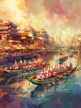 Ethereal light bathes dragon boats and traditional pagodas during a festival, highlighting a harmonious blend of culture and spirited festivity
