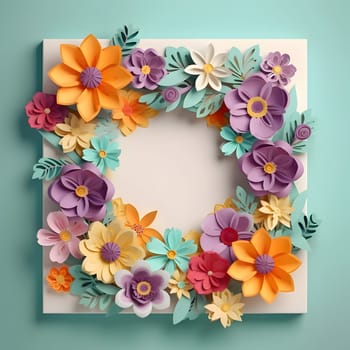 A frame embellished with flowers and leaves against a light background forms an elegant and visually appealing composition.