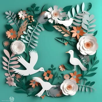 A circular frame with flowers, leaves, and white birds against a light background creates a charming and visually enchanting composition.