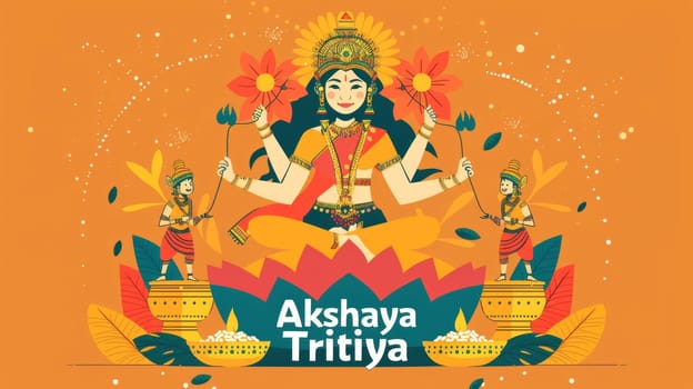 Vibrant greeting design depicting Goddess Lakshmi for Akshaya Tritiya with golden bowls of rice and gold, invoking blessings of endless prosperity