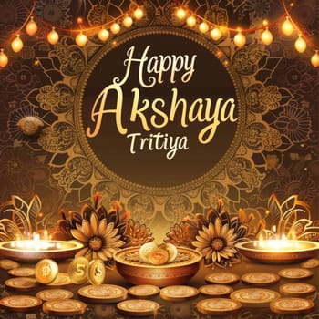 A richly decorated Akshaya Tritiya greeting featuring traditional Indian diyas, florals, and gold coins symbolizing prosperity and luck