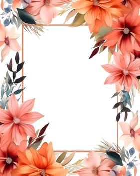 A frame embellished with flowers and leaves against a white background forms an elegant and visually appealing composition.