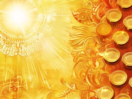 Sun-inspired pattern with a cascade of golden coins evoking themes of wealth and prosperity, ideal for finance-related stock imagery
