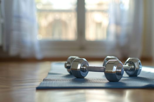 A pair of dumbbells are on a blue mat on a wooden floor. The dumbbells are silver and have a shiny appearance. The scene is peaceful and serene