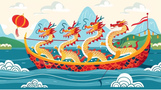 A vibrant, stylized illustration of a colorful dragon boat sailing on the sea against a beautiful sunset. Asian festival.
