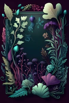 A frame embellished with flowers and leaves against a dark background forms an elegant and visually appealing composition.