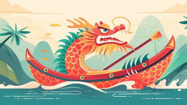 A vibrant, stylized illustration of a colorful dragon boat sailing on the sea against a beautiful sunset. Asian festival.