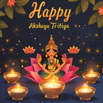 A festive Akshaya Tritiya greeting showcasing Goddess Lakshmi seated on a lotus with surrounding diyas against a starry sky