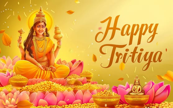 Bright and cheerful illustration for Akshaya Tritiya featuring Goddess Lakshmi with golden pots, surrounded by lotuses and grains