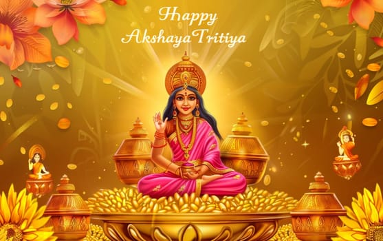 An enchanting graphic for Akshaya Tritiya featuring Goddess Lakshmi with floral and gold motifs on an illuminating golden backdrop